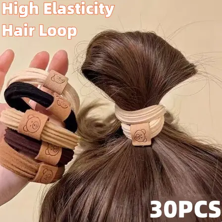 30PCS Little Bear Head Rope High Elastic Rubber Band Girl High Ponytail Headband