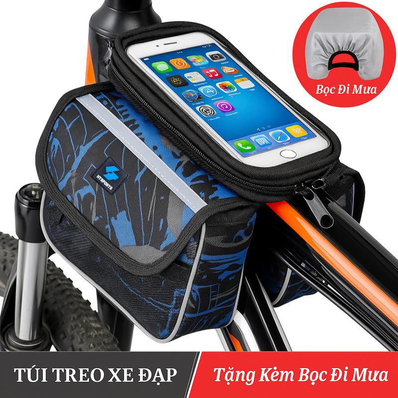 Túi Treo Sườn Xe Đạp Thể Thao Có Ngăn Đựng Điện Thoại Cảm Ứng, Tặng Kèm Bọc Đi Mưa