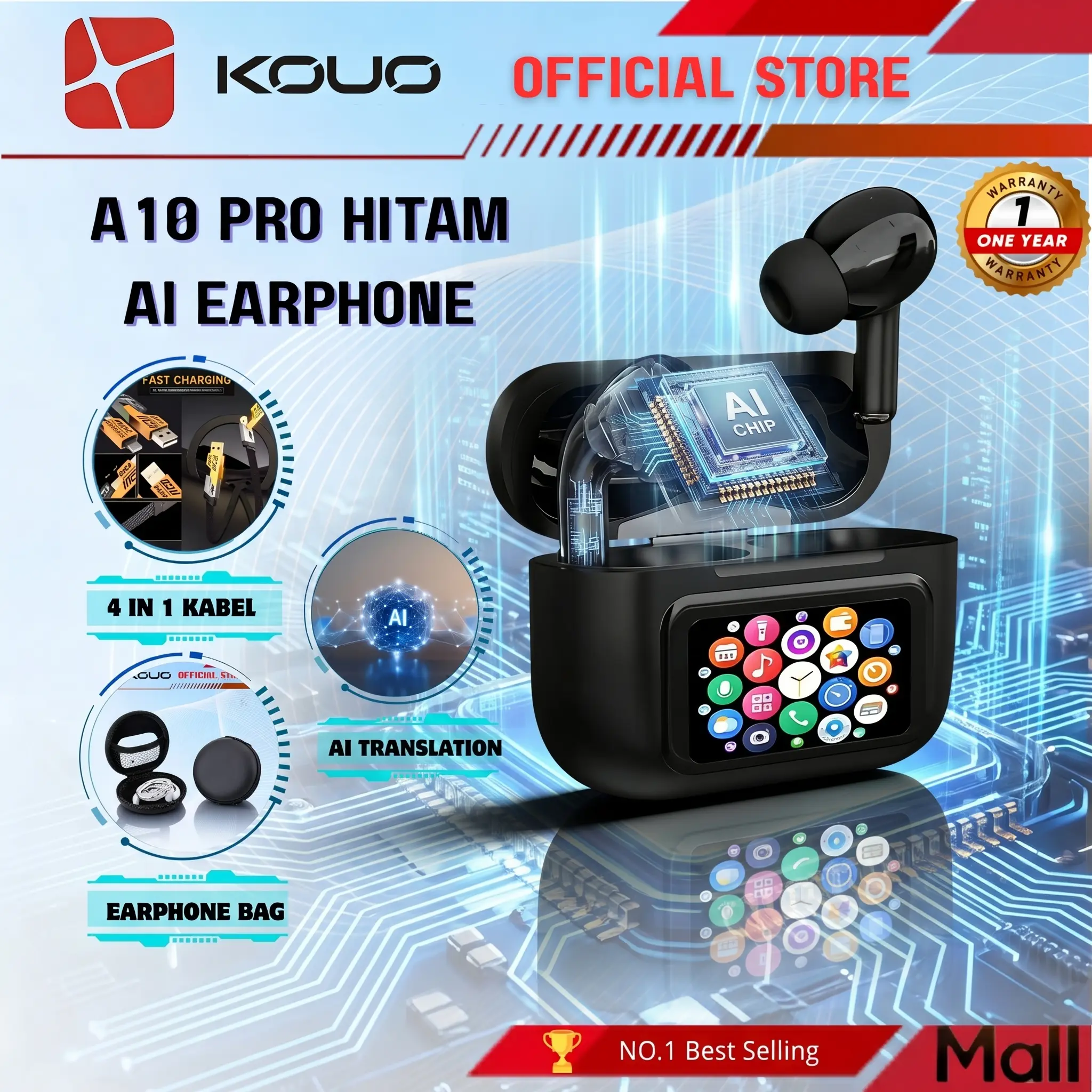 KOUO AI Earbuds A10 Pro  Bluetooth 5.4 Touchscreen 16 Fitur AI Earphone Wireless High Quality Sound ENC/ANC Konektivitas Ke Semua Perangkat Factory Grosir - Smart, Tws