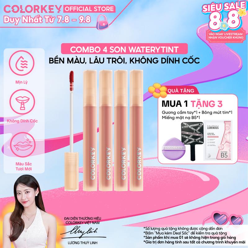 Set 4 thỏi son COLORKEY Watery Tint Không Dính Cốc 1.8g màu R300 O302 P307 & O308