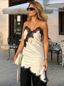 Vestido midi asimétrico de verano para mujer, vestido largo de satén sin tirantes con encaje, elegante vestido sin mangas formal de retazos