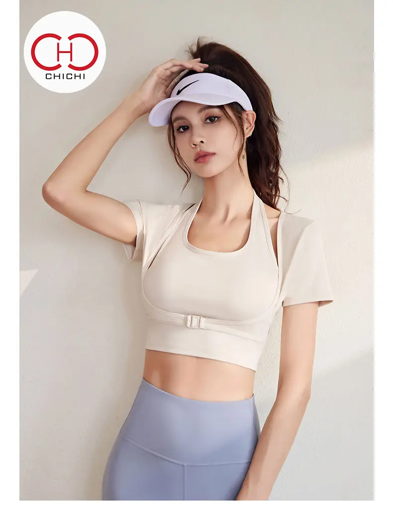 CHICHI Bra-free Fitness Clothes Halter Yoga Short-sleeved Top Tight Sports  Women Running Cycling Climbing Gym Dance Elastic Training