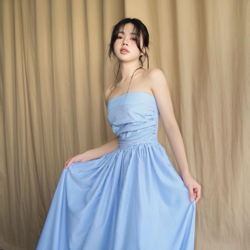 Đầm sọc xếp ngực- Hàng thiết kế- màu Xanh/Vàng- TYCLOTHING 3