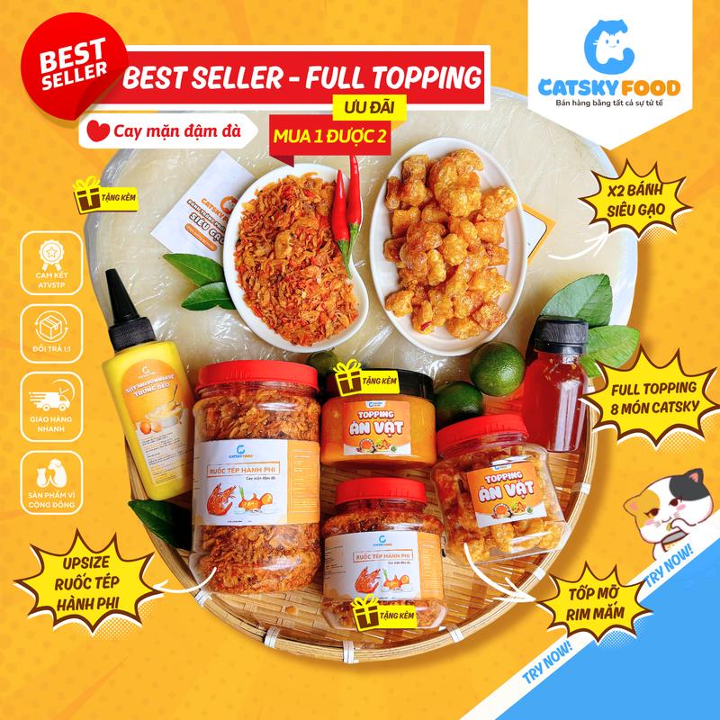 Combo Best Seller Bánh Tráng Phơi Sương - Catsky Food - Ruốc Tép Khô Hành Phi Hương Vị Đậm Đà, Bơ Trứng Thơm Béo, Đồ Ăn Vặt Snack Food Chua, Cay, Nước Sốt, Banh Trang Bơ Combobanh Tuổi Thơ