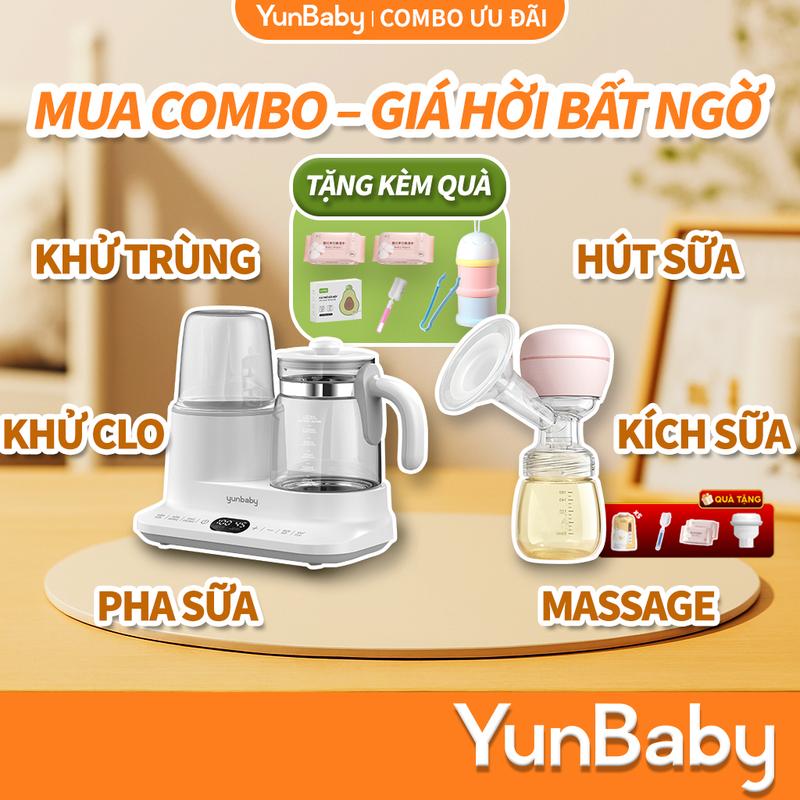 【COMBO ƯU ĐÃI Máy hâm sữa Yunbaby tác dụng 3 trong 1, tiệt trùng, hâm sữa, pha sữa đa năng Cho Bé (Phía trái: Hâm sữa, Tiệt trùng, Hấp thức ăn) (Phía phải: Pha sữa, Điều chỉnh nhiệt độ, Đun sôi nước) Tặng bàn chải, kẹp, khăn ướt, hộp sữa bột, túi sữa bột