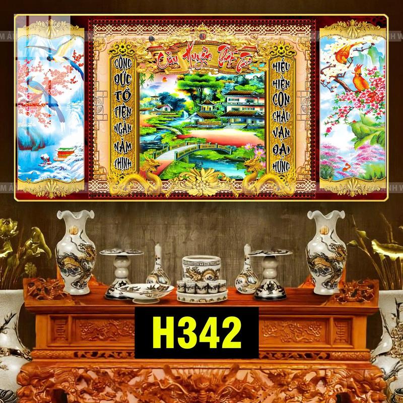Tranh CƯU HUYỀN THẤT TỔ Khổ chữ nhật ngang _ Treo tường thờ _ Treo bàn gia tiên _ Tranh tráng gương cao cấp mạ viền vàng sang trọng