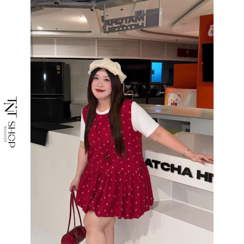 SET ĐẦM BA LỖ BIGSIZE HỌA TIẾT NƠ NHÍ KÈM ÁO THUN TAY NGẮN [TNT SHOP BIGSIZE 60KG 90KG]