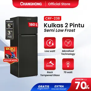 Changhong  Kulkas Lemari Es 2 Pintu Refrigerator Kapasitas 180 Liter Pendingin Makanan & Minuman - CRF238 Black gap 45
