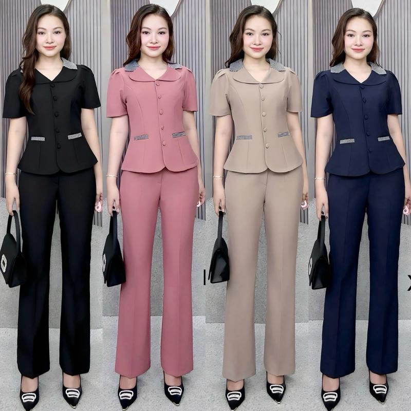 Sét Bộ Thiết Kế phối cổ caro Cho Nữ M599 Quần Ống Loe Nhẹ 21-22cm (quần dài 94 95cm) Cotton Lạnh Co Giãn Nhẹ Size M-3XL