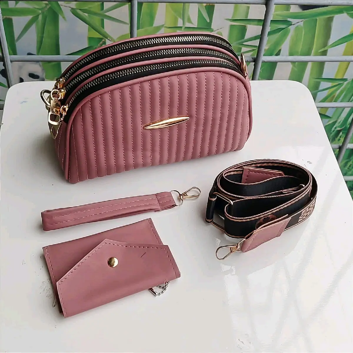 Tas slempang wanita 3 ruang bordir salur tali strap free dompet kode alexa terbaru
