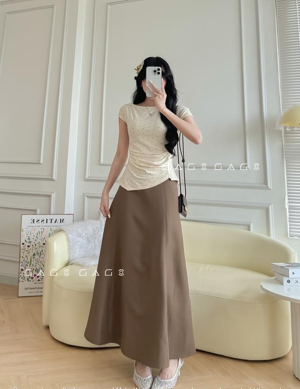 **Chân Váy Đi Tiệc GAGO Brand Nữ Dáng Dài Size S-XL Vải Cotton Lạnh Màu Kem Đen Hot Thu Đông Công Sở