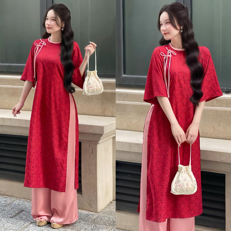 Áo dài nữ thiết kế EMME V2097 form suông cổ rết đính ngọc tay lửng lụa gấm 2 da cách tân kèm quần lụa - Thanh Tự