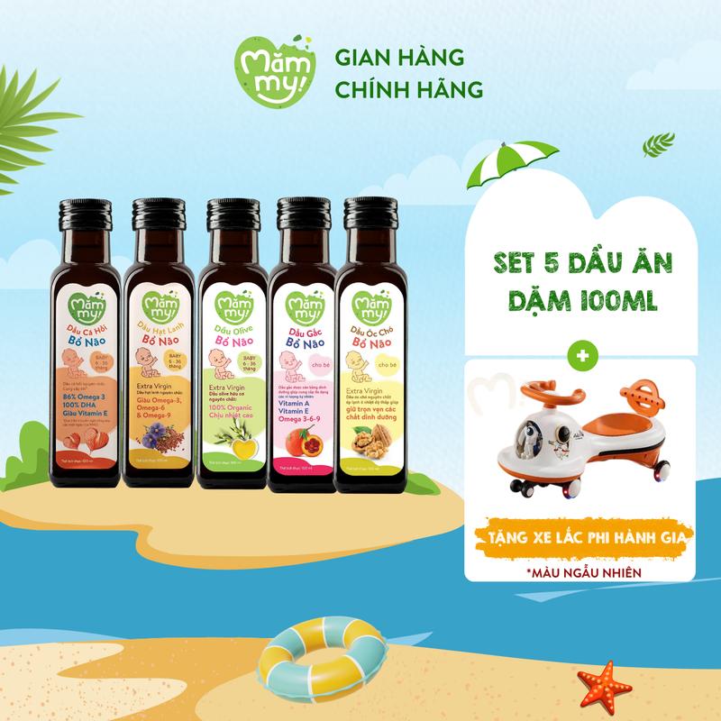 [TẶNG XE LẮC PHI HÀNH GIA] Combo 5 Chai dầu ăn dặm Mămmy (cá hồi Nauy, hạt lanh Trung Đông, dầu olive  Ý, óc chó, gấc) giàu DHA, Omega, Chai 100ml Cho Bé Vitamin