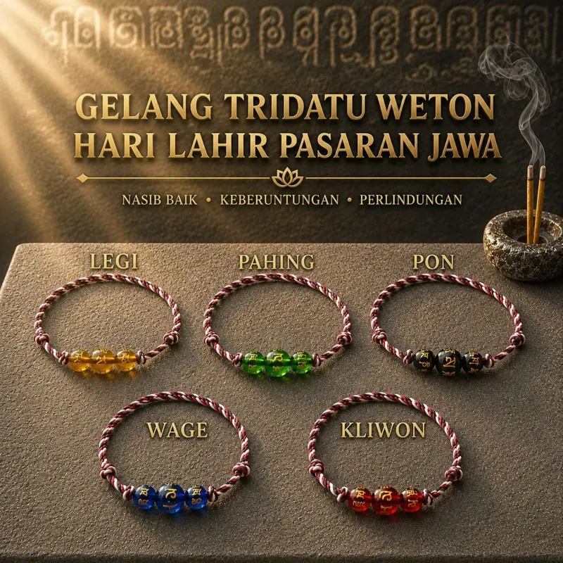 Tridatu Pasaran Jawa - Gelang Telon Weton Kelahiran Pria Wanita Batu Alam Kristal Mantra Uniseks Etnis untuk Nasib Baik dan Perlindungan