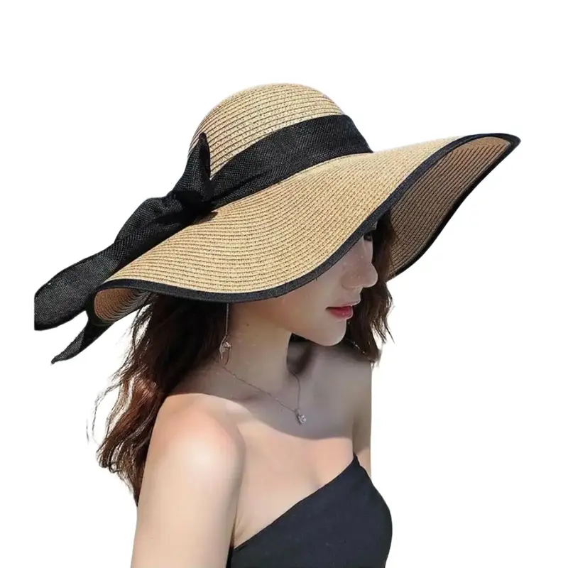 LUFFYSTORE.ID - Topi pantai lebar wanita list hitam Floppy musim panas pelindung dari sinar matahari BISA COD 1