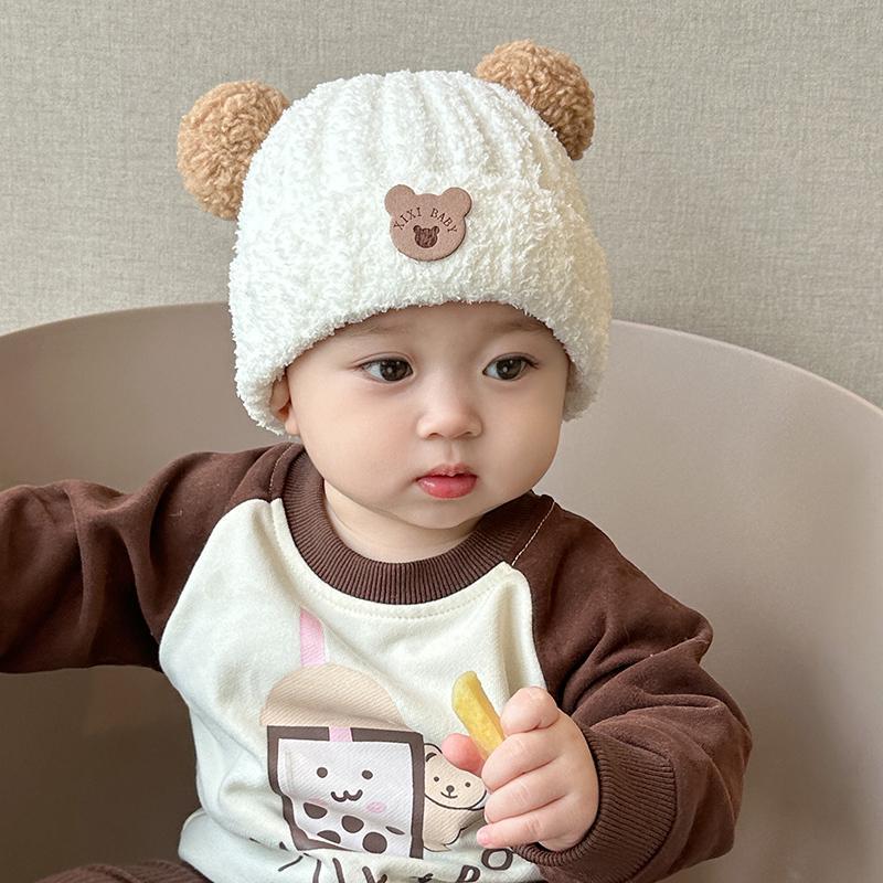 Mũ Nhồi Bông Có Tai Gấu Dễ Thương Cho Bé Mũ Hoạt Hình Màu Trơn Mũ Len Ấm Áp Cho Trẻ Sơ Sinh Mùa Thu Đông Lông Cừu San Hô Ấm Áp Mũ Chui Đầu Cho Trẻ Em 5-36 Tháng