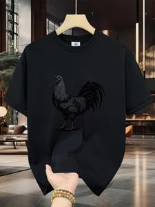 Camiseta de manga corta negra con estampado de gallo negro para hombres y mujeres estilo casual urbano