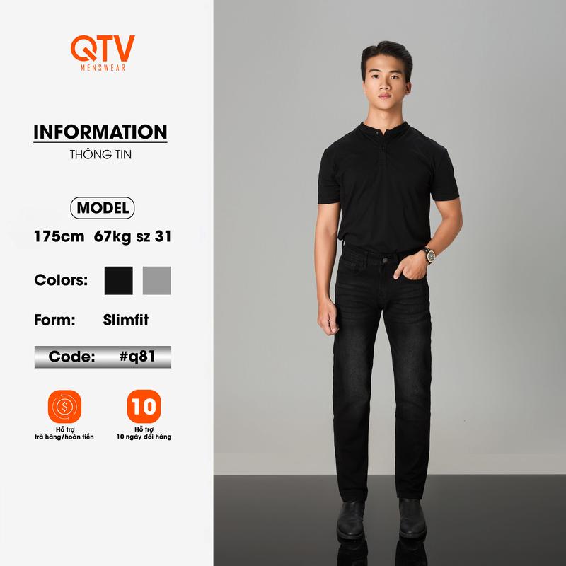 [QTV2] Quần jean nam co giãn, màu đen tuyền wash trắng thời trang, quần rin form ống slimfit_Q81 Pants Menswear Có Túi Cotton Denim