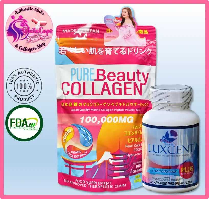 Luxcent Glutathione 60 Capsules & Pure Beauty Collagen 100g - TikTok Shop  Philippines