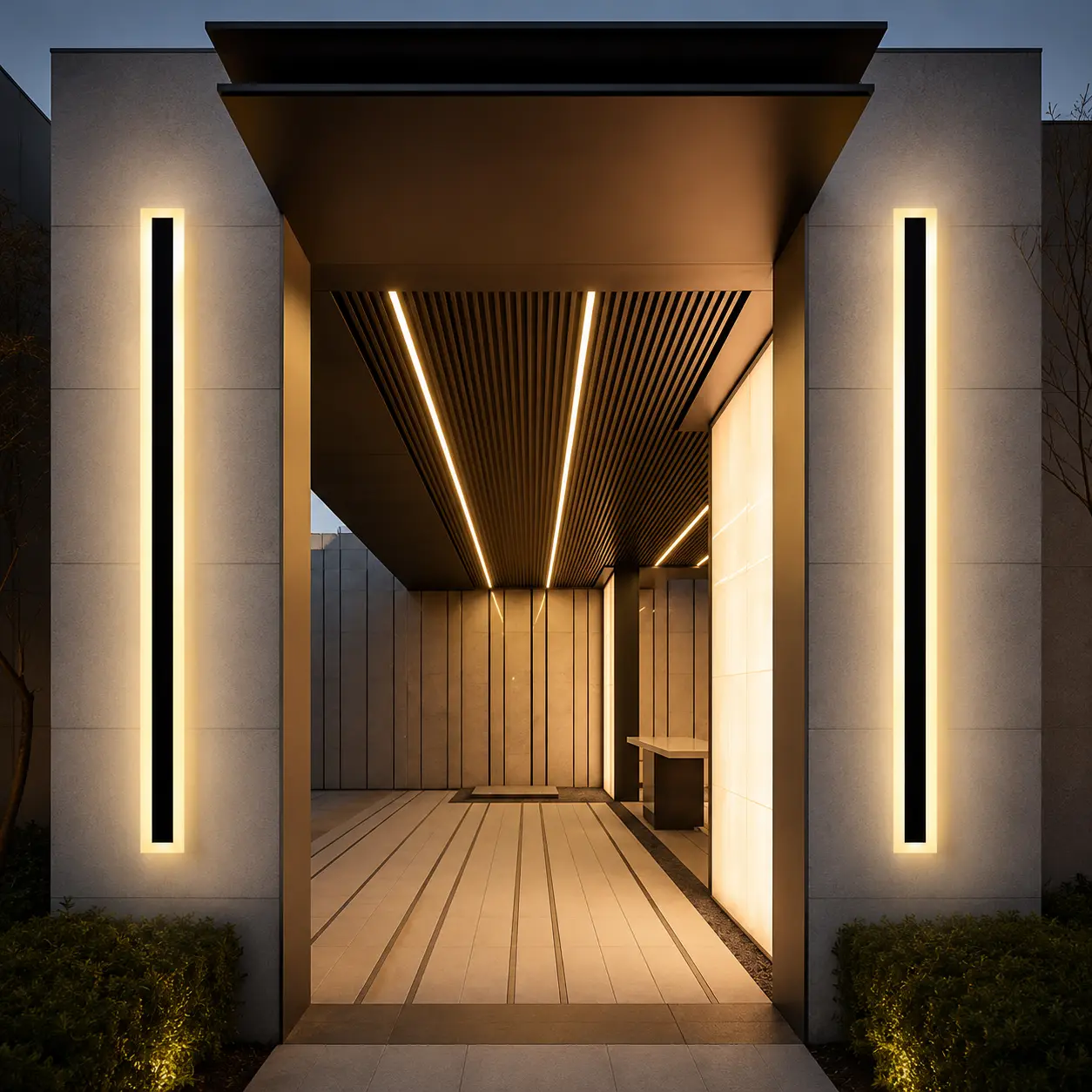 Lampu Tempel Dinding Outdoor Panjang Minimalis Modern Bahan Aluminium Anti Air Cahaya Kuning Awet Tahan Lama Long Strip LED Wall Lamp IP65 Aluminum Wall Light Decor