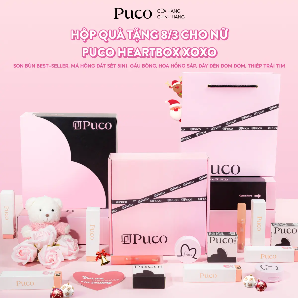 Hộp quà tặng hình trái tim, bao gồm túi, gấu nhồi bông, hoa hồng sáp và hộp trái tim Puco, thích hợp làm quà tặng cho ngày lễ tình nhân 14 / 3, có XOXO nhẹ đi kèm