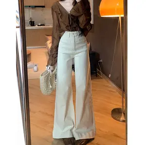 LL Jeans korea style Krem Highwaist A-Line Celana Jeans Wanita Baggy Celana Denim (realpict)