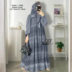 Gamis Set Hijab Ceruty Full Furing Shiren Asiqa LD 110cm PJ 138cm Motif Etnik