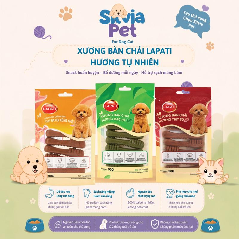 Silvia Pet | Que gặm sạch răng hương Bạc Hà/ Heo xông khói / Thịt bò - Gà  LAPATI - 100g/túi/6que
