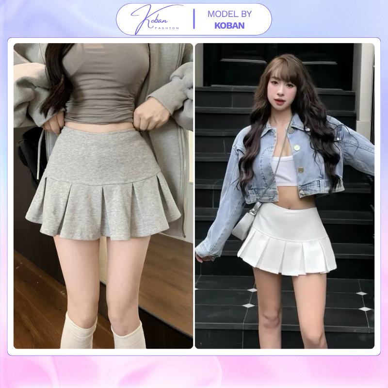   KB21  Chân váy dáng ngắn xếp ly KOBAN có quần bảo hộ có quần bảo hộ màu trơn phong cách Y2K màu đen xám trắng 
