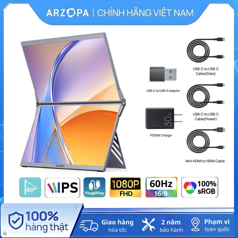 Màn hình di động kép gập gọn ARZOPA E1 – 15.6" x 2 FHD IPS, 100% sRGB, Cắm là chạy, Chân đế tích hợp