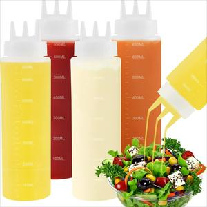 Paquete de 4 botellas exprimidoras para condimentos de 22 oz, diseño de 3 agujeros, a prueba de fugas para salsas y aderezos, ideales para almacenamiento de aceite y jarabe