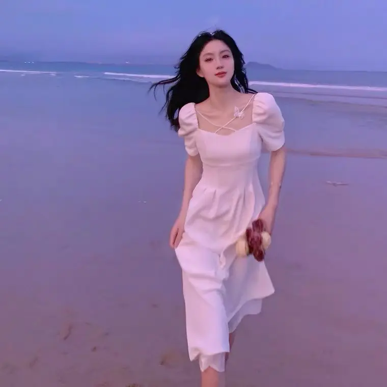 8940 dress putih gril a line formal fairy Strendy summer elegant Fitted square neck church dress 1