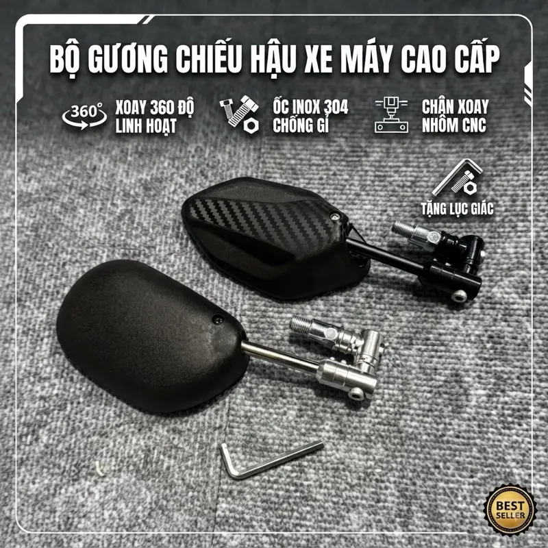 Kính Xoay Xe Máy Chân Nhôm CNC Ốc inox 304 ( Tặng Kèm lục giác ) Gắn cho tất cả dòng xe