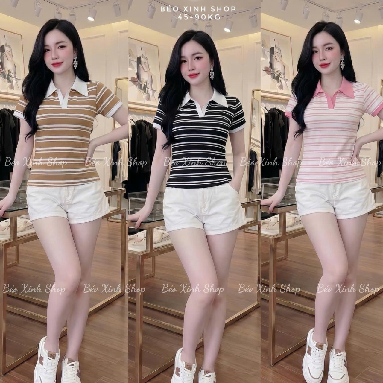 Thời Trang Bigsize Áo Thun Polo Phối Cổ Trắng Cao Cấp Thanh Lịch Vải Borit Sọc Bigsize Từ 45 - 90Kg Dễ Thương Top Nữ Women - A.1801