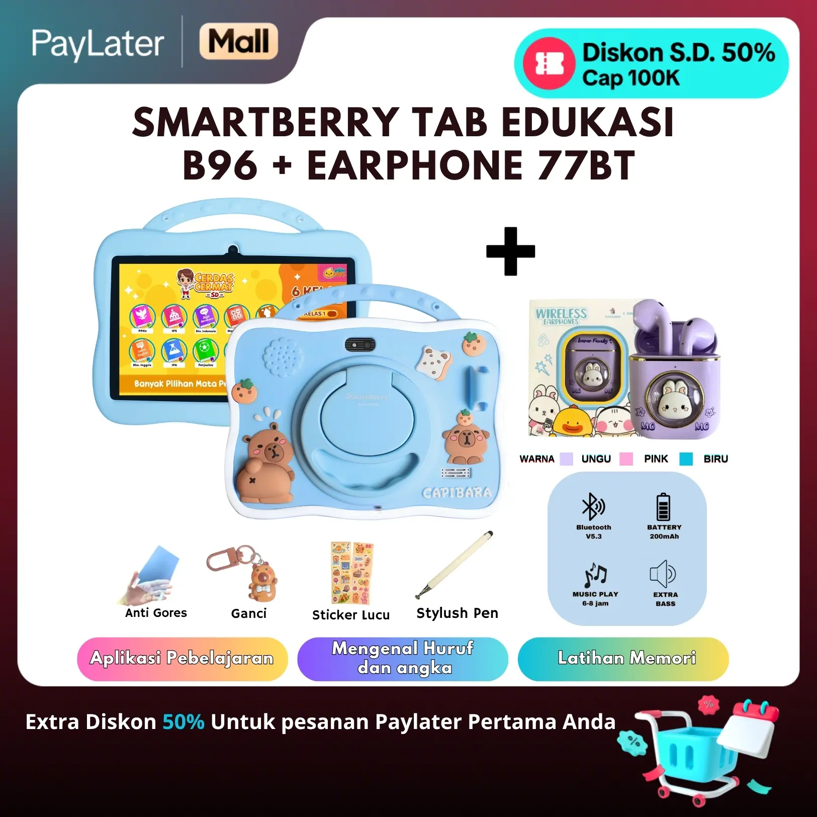 SMARTBERRY KIDS STUDY TAB B96 + TWS YLFS-77BT 4/128GB Bluetooth WIFI Aksesoris Belajar Anak karakter lucu hadiah COD