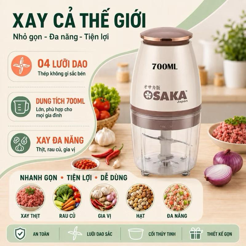 M1 SAKA Xay Cả Thế Giới 700ML - 04 Lưỡi Dao Thép Không Gỉ - Dung Tích Lớn - Xay Đa Năng - An Toàn & Tiện Lợi