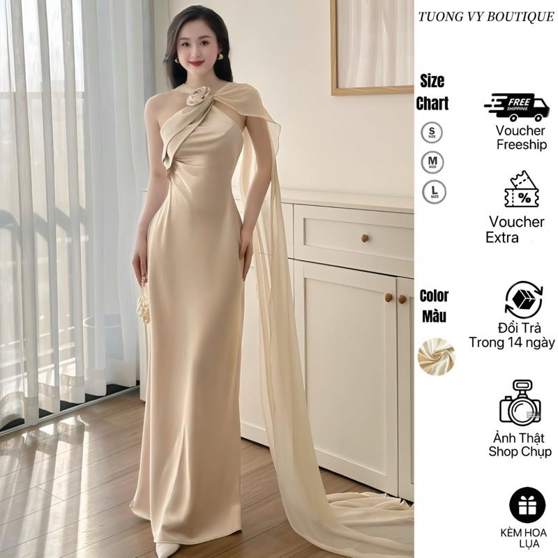(  DÂY DÀI + KÈM HOA) Váy Lụa Lệch Vai Hở Lưng Kèm Dây Dáng Dài Sang Trọng Dành Cho Nữ  Thiết Kế Tinh Xảo