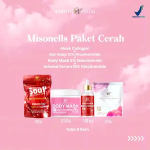 Misonells [Paket Cerah] Bar Soap 12 Niacinamide + Body Mask 5% Niacinamide + Mask Collagen + Infused Serum 10 Niacinamide Body Care Mencerahkan Melembabkan
