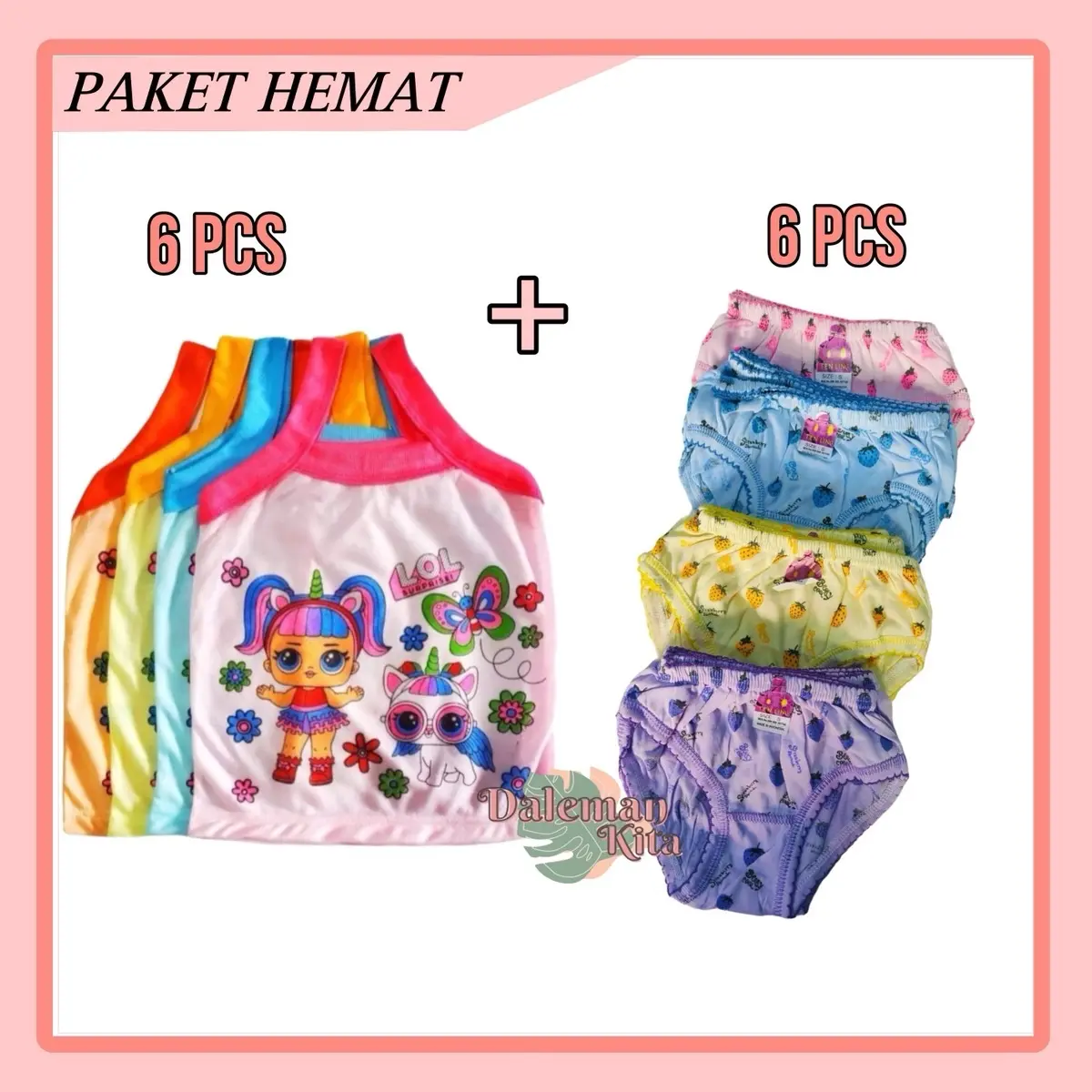 PAKET HEMAT 6pcs singlet LOL + 6pcs CD kriwil polkadot | setelan pakaian dalam anak perempuan murah