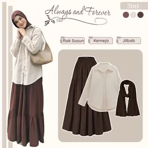Setelan Wanita Remaja Kekinian ( Atasan Kemeja Polos - Rok Susun - Pashmina Jersey ) One Set Korean Style Hijab ZL45N