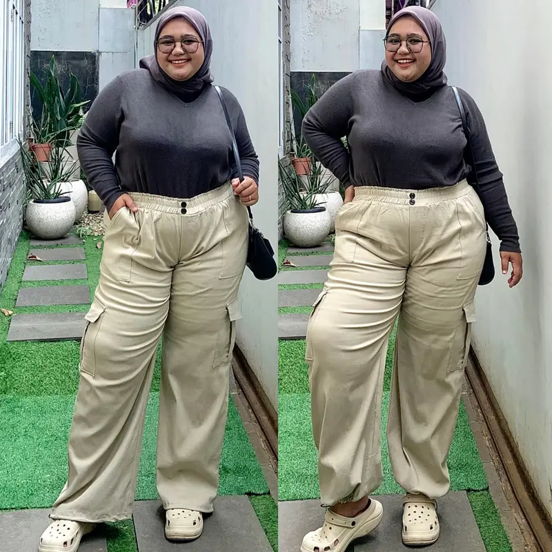 Celana Jumbo Yumi OOTD Hijab Style Jumbo LP 75 - 170 cm Pj 105 BB 70 - 150 kg an Celana Panjang Cargo Soft Jeans Stretch / Melar Tebal Pants Wanita Basic Kulot / Serut Jogger Kasual / Outdoor Denim 4