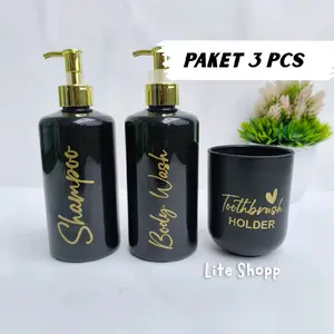 PAKET 3 PCS Botol Sabun Cair Plastik 500ml GLOSY HITAM TUTUP GOLD DAN SILVER