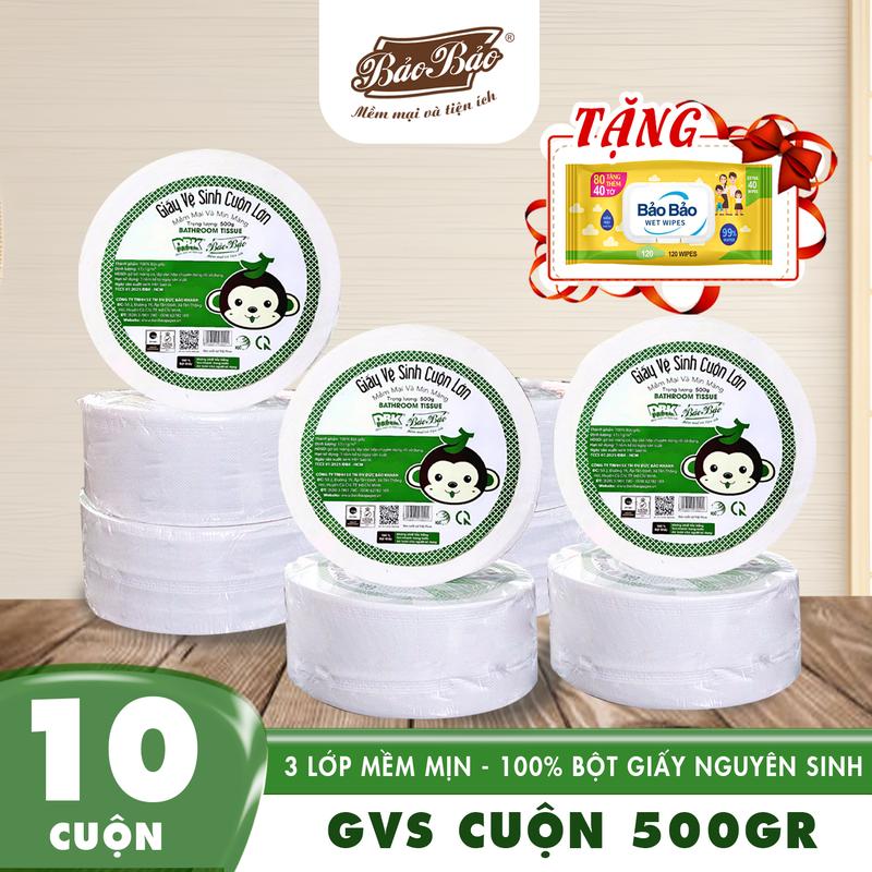  Bảo Bảo Combo 10 Cuộn Giấy Vệ Sinh Công Nghiệp To Lớn 500g Mềm Mịn 100% Bột Giấy Nguyên Sinh Tặng Khăn Ướt Cánh Cụt An Toàn Cho Sức Khỏe 
