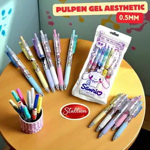 Pulpen Mekanik 0.5mm Aesthetic 6in1 Pena Gel Ink 6 Pcs Karakter Pena Hitam Gift Gate Gel