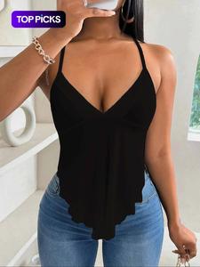 Top de tirantes con cordones en la espalda y dobladillo asimétrico para mujer, top informal sin mangas con escote en pico para verano, ropa de mujer para el día a día