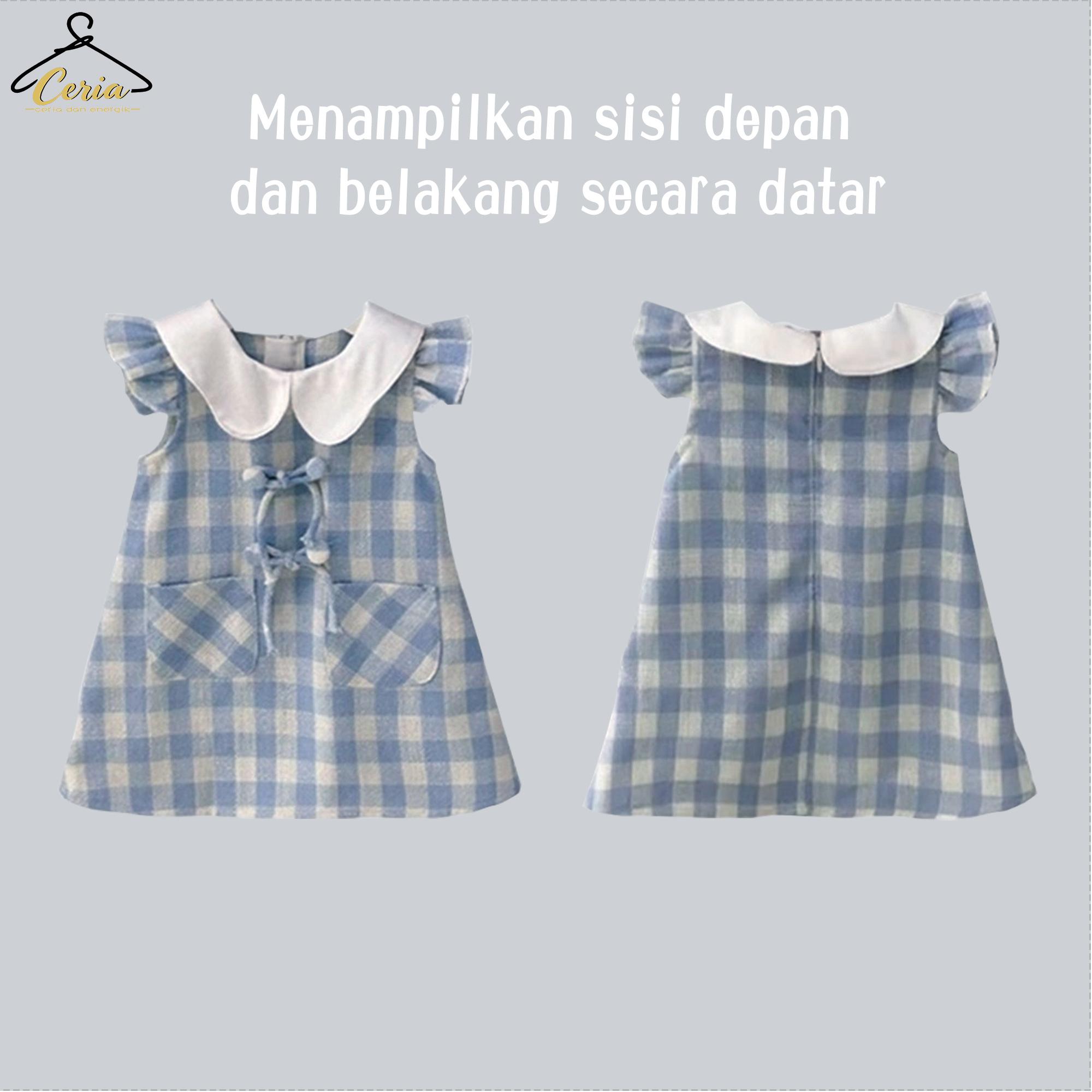 Ceria-Gaun Musim Panas Anak Perempuan / Gaun Rompi Kotak-Kotak Biru Putih Anak Perempuan / Model Kerah Besar dengan Pita