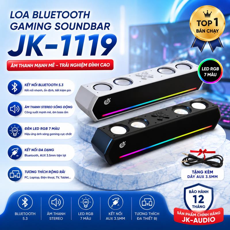 Loa Bluetooth Gaming Soundbar JK-1119 Công Suất 28W - Led RGB 7+1 Bass Mạnh, Để Bàn, Nghe Nhạc Kèm Dây Sạc Và Jắc 3.5