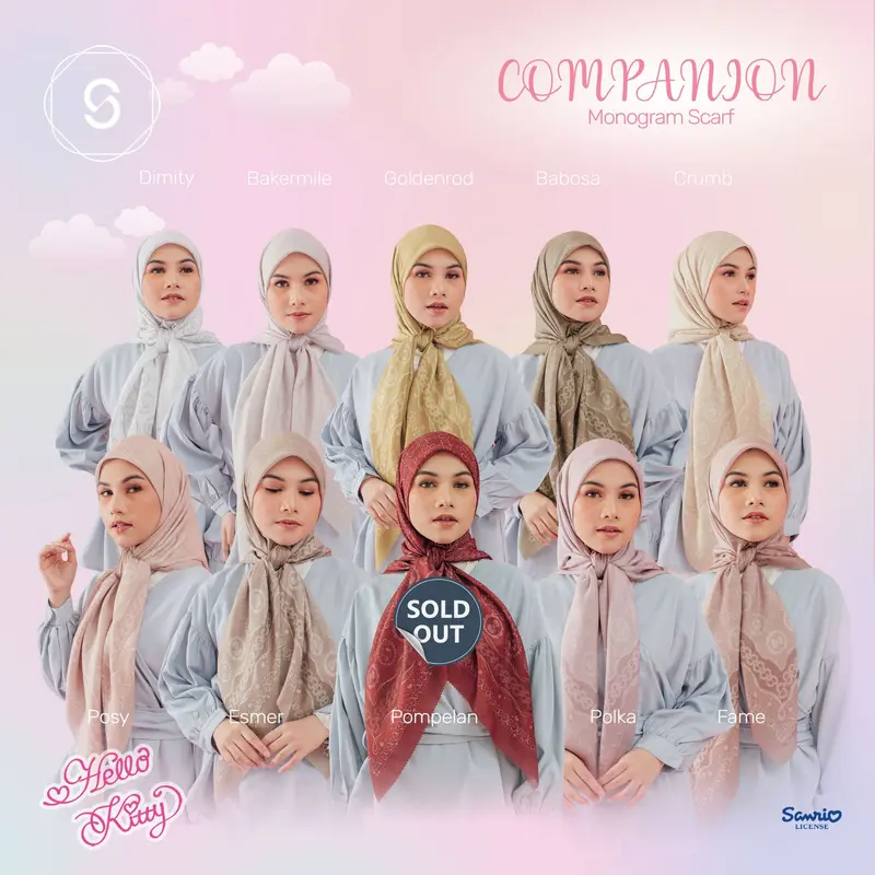 Cuci gudang Seradia Hijab Segi Empat Companion Monogram Hello Kitty Collection Bunga Lembut 1