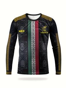 Camiseta de fútbol de manga larga para hombre mexicano, top deportivo transpirable de cuello redondo con patrón azteca, ideal para partidos de fútbol y uso casual