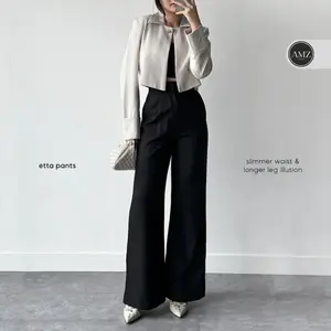 AMZ - Etta Pants Celana Panjang Cutbray Highwaist Wanita Korean Style Anti Kusut Bahan Semi Woll Crinkle Kancing Depan Saku Kiri Kiri Ban Depan Karet Belakang
